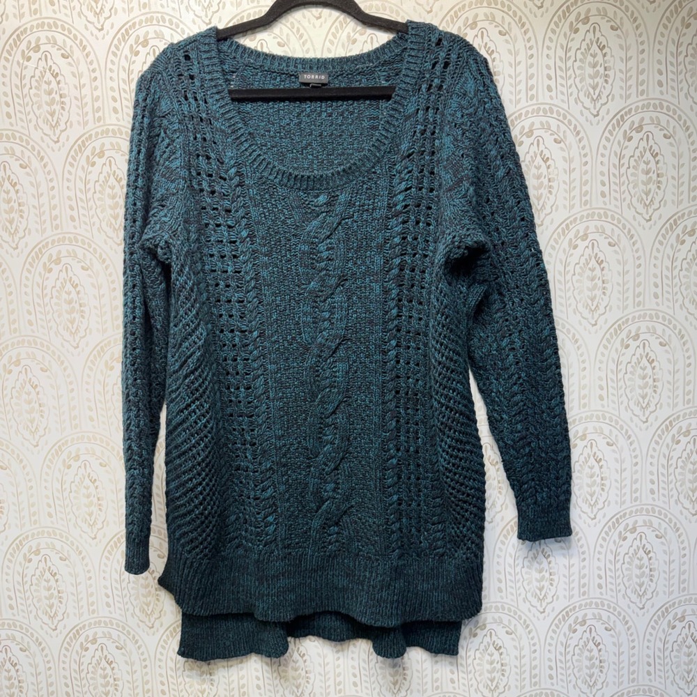 Torrid Tunic Sweater Womens 2 Teal Black Marled Open Knit Pointelle Longline